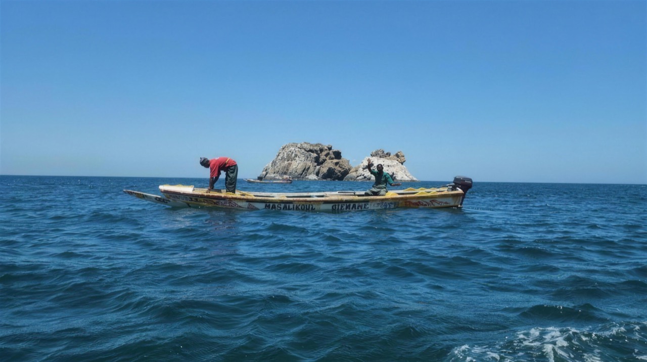 Fishermen’s pirogue at sea in front of the rocks of the Île des Madeleines - Île des Madeleines Dakar, Senegal Nautique